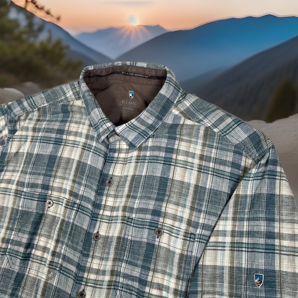 KUHL Linen Blend Mens Large Short Sleeve Plaid Button Shirt Blue Outdoor
